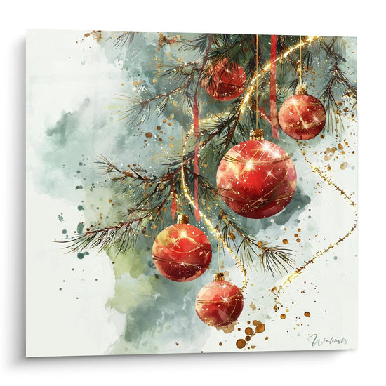 Weihnachts-Dekorationsbild mit roten Kugeln und Tannenzweigen in künstlerischem Design