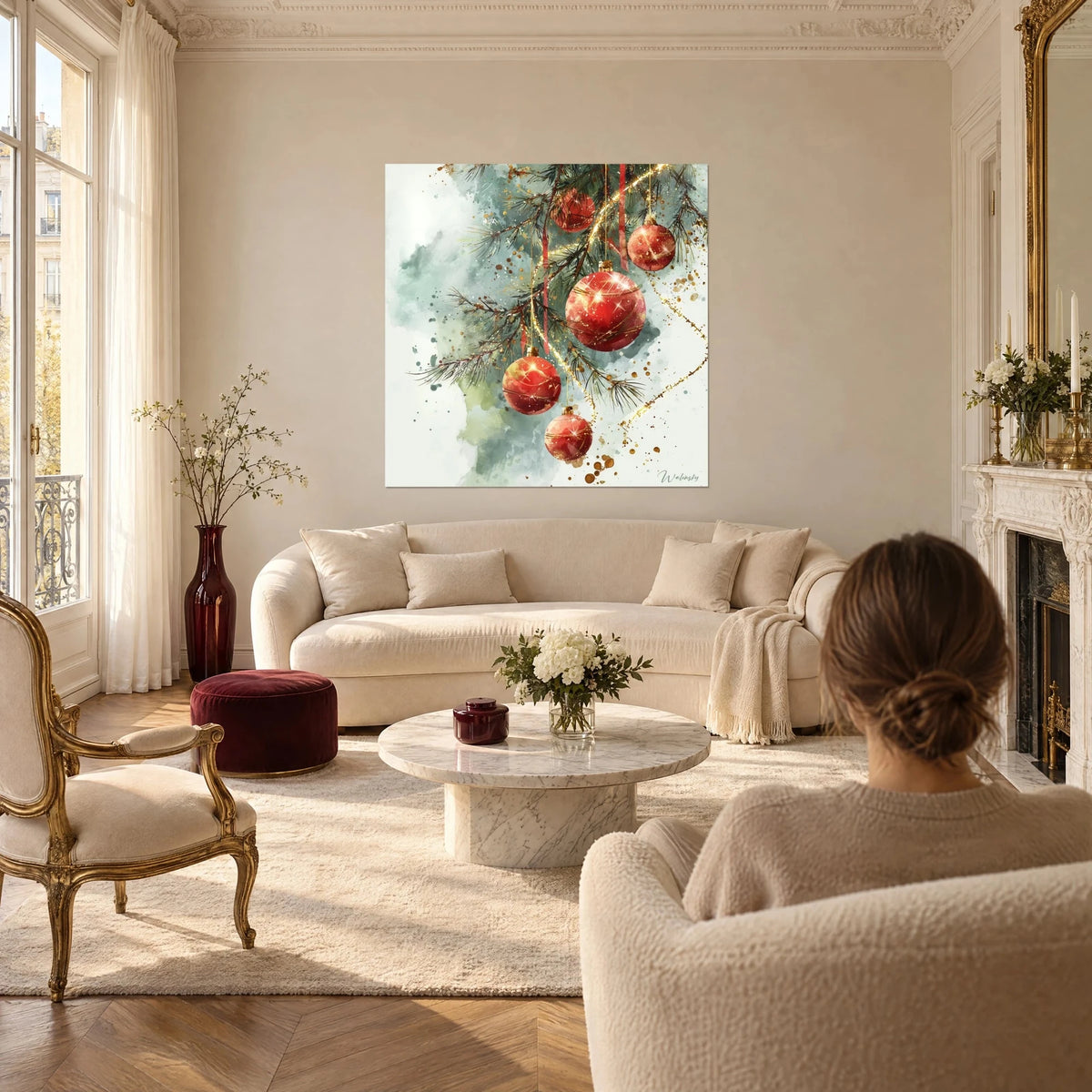 Wall art of coral-red Christmas baubles and gold garland on green pine branches, watercolour background, above a sofa in a bright living room
