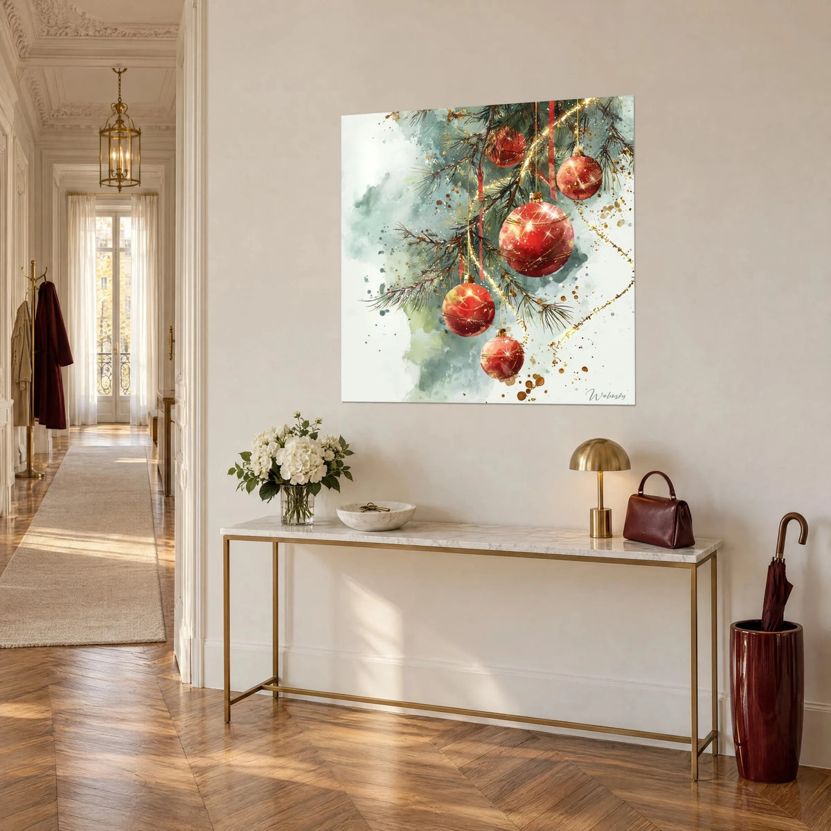 Watercolour Christmas tree decoration wall art: vermilion baubles, red ribbons and gold glitter on a grey-green background, cream Haussmann-style wall