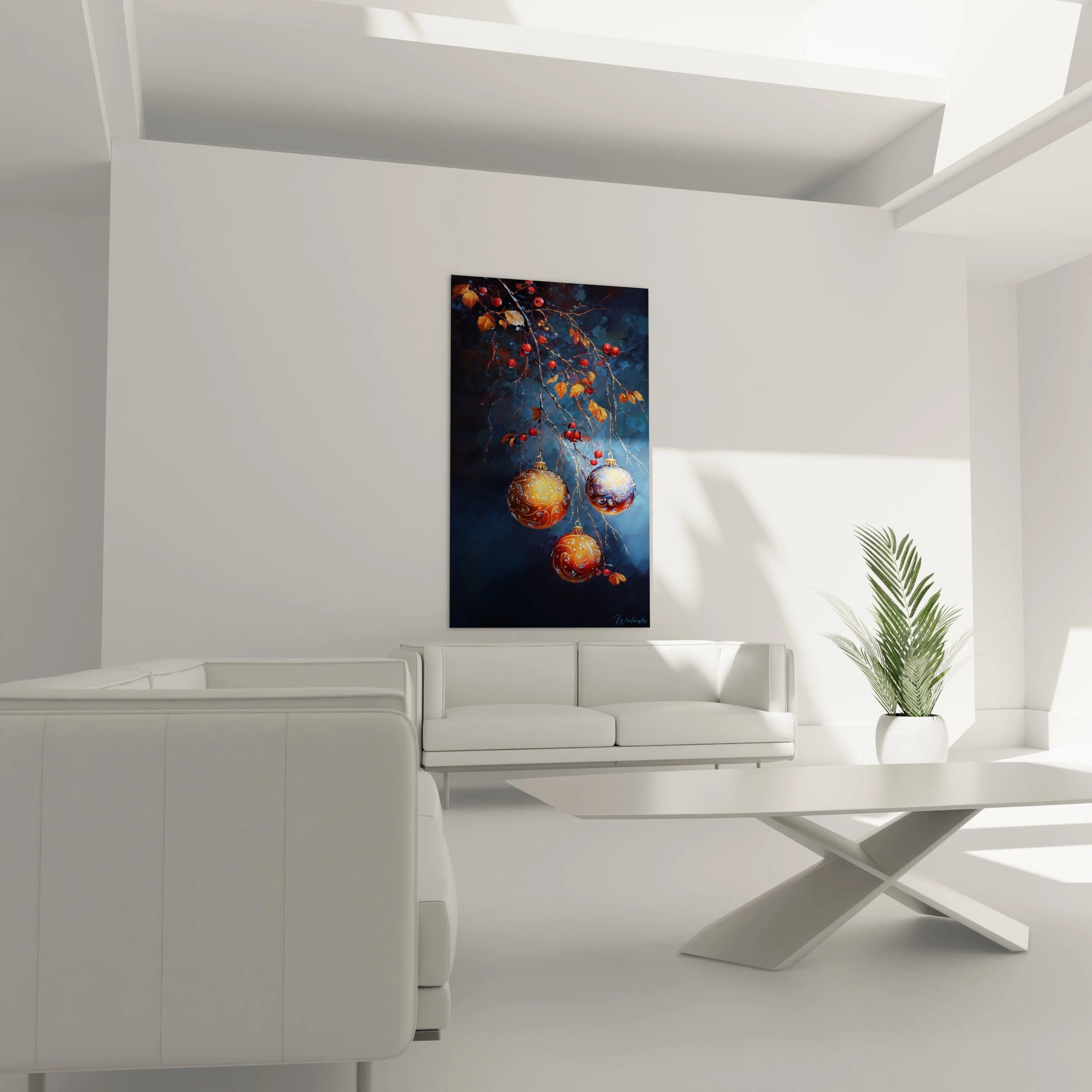 Tableau murale décoration Noël avec des boules dorées suspendues sur fond bleu