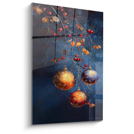 Quadro decorativo Natale con palline colorate e foglie su sfondo scuro