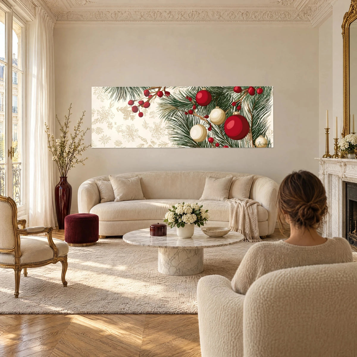 Quadro di palline natalizie rosse e crema su rami di abete, bacche carminio, sfondo beige con fiocchi di neve, sopra un divano in un soggiorno luminoso