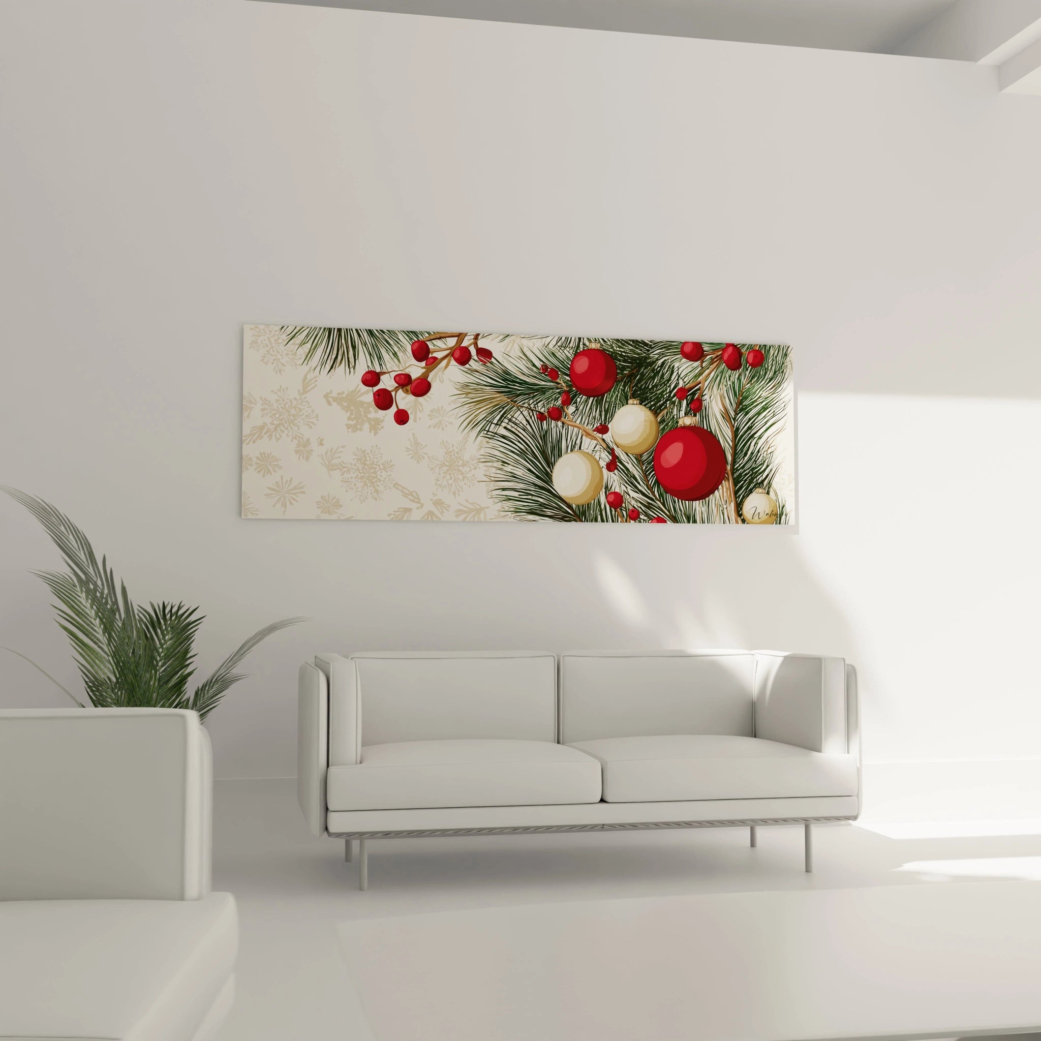 Tableau décoratif Noël boules rouges avec des branches de sapin et des baies sur fond clair