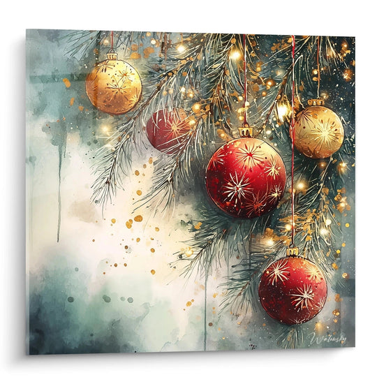 Quadro decorativo palline di Natale con ornamenti dorati e rossi sospesi su un ramo di abete
