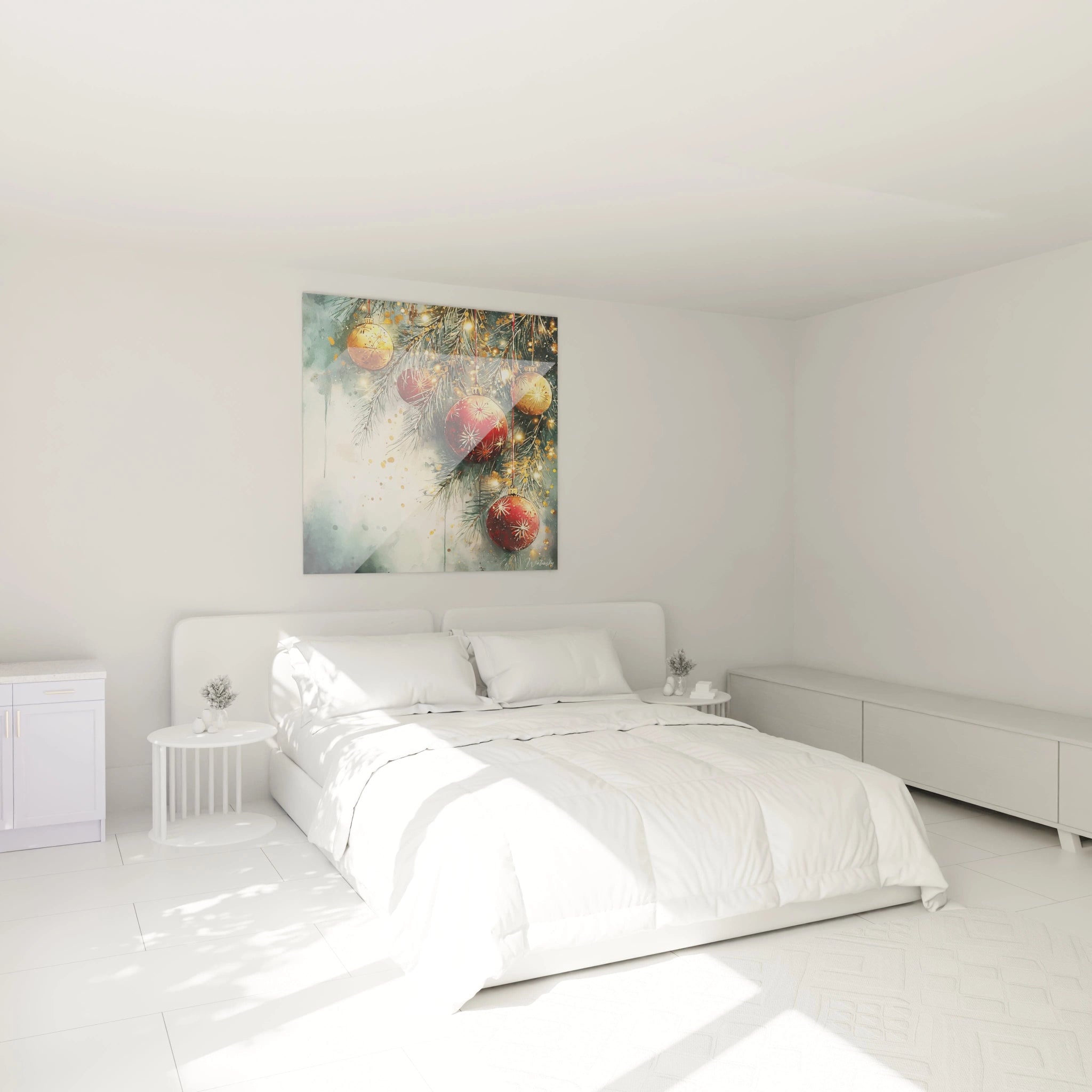 Tableau déco boules de Noël dans une chambre lumineuse avec lit blanc et mobilier minimaliste