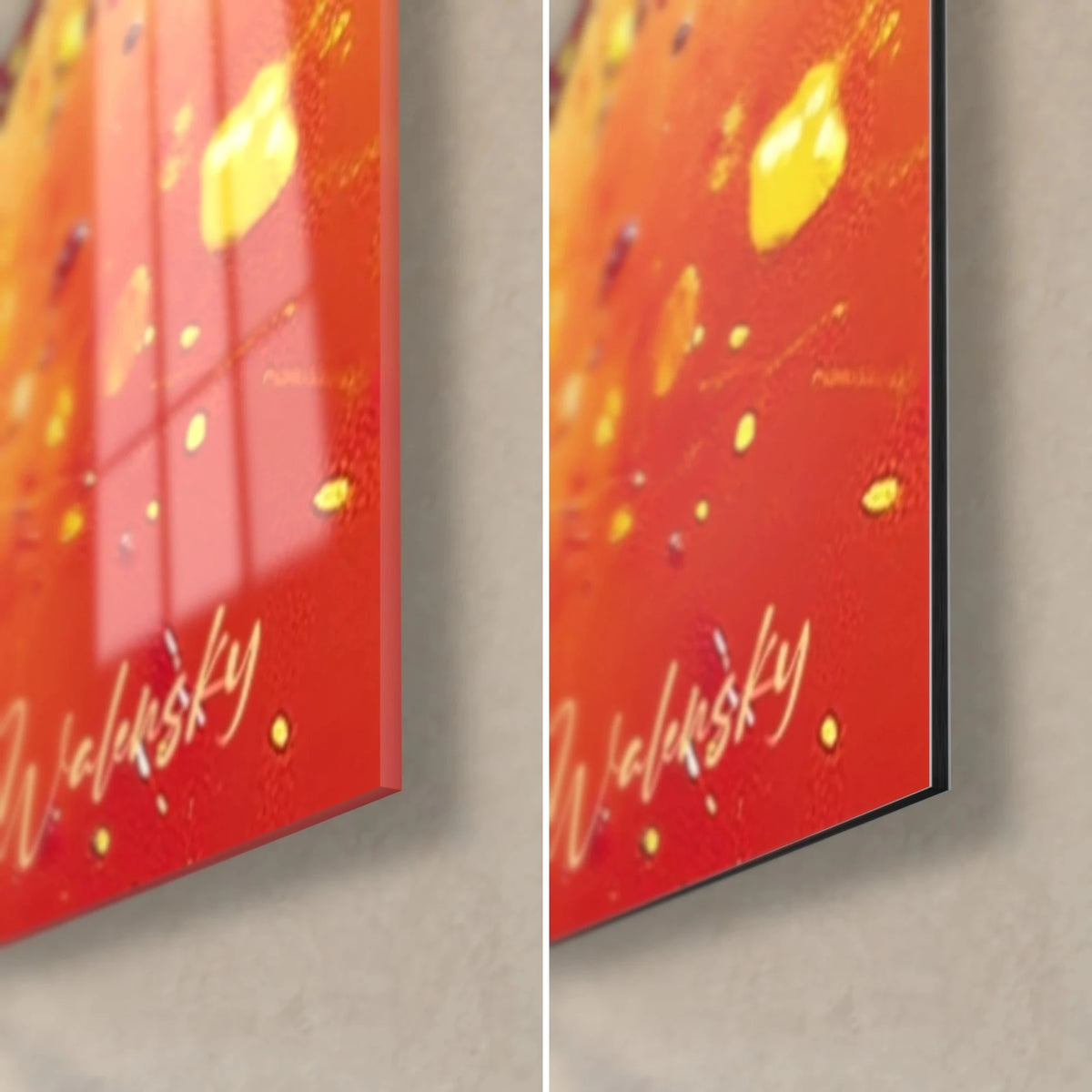 Schilderij met een paarse verfspray, rechtsonder: glanzend oranje acrylglas links, mat Dibond en zwarte rand rechts