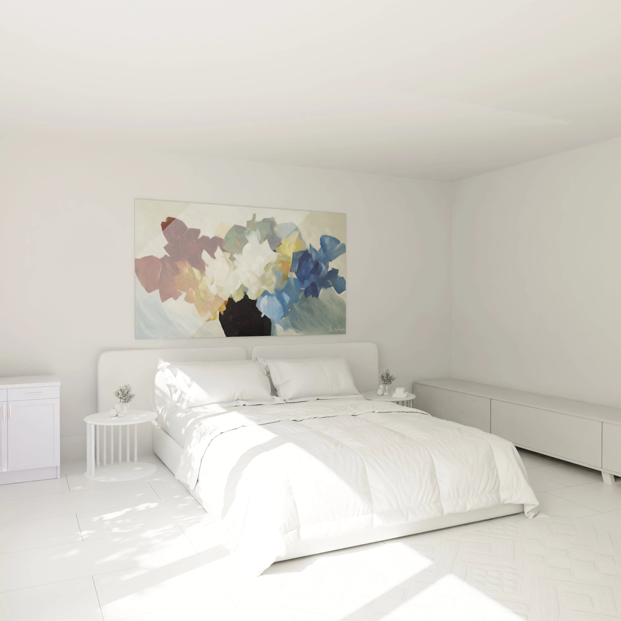 Tableau mural Walensky tableau dadaïsme bouquet de fleurs peinture abstraite colorée au dessus d un lit blanc minimaliste
