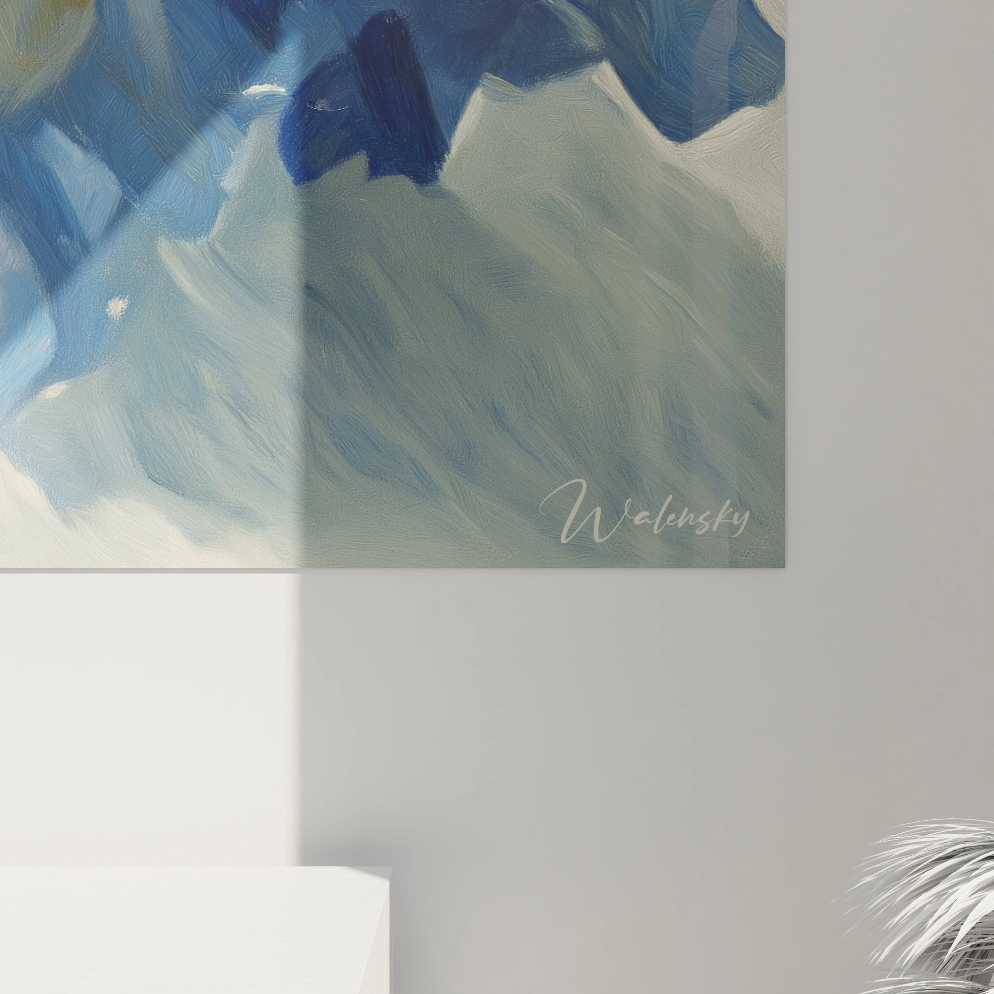 Tableau mural Walensky contemporain abstrait en bleu et creme avec signature tableau dadaïsme bouquet de fleurs