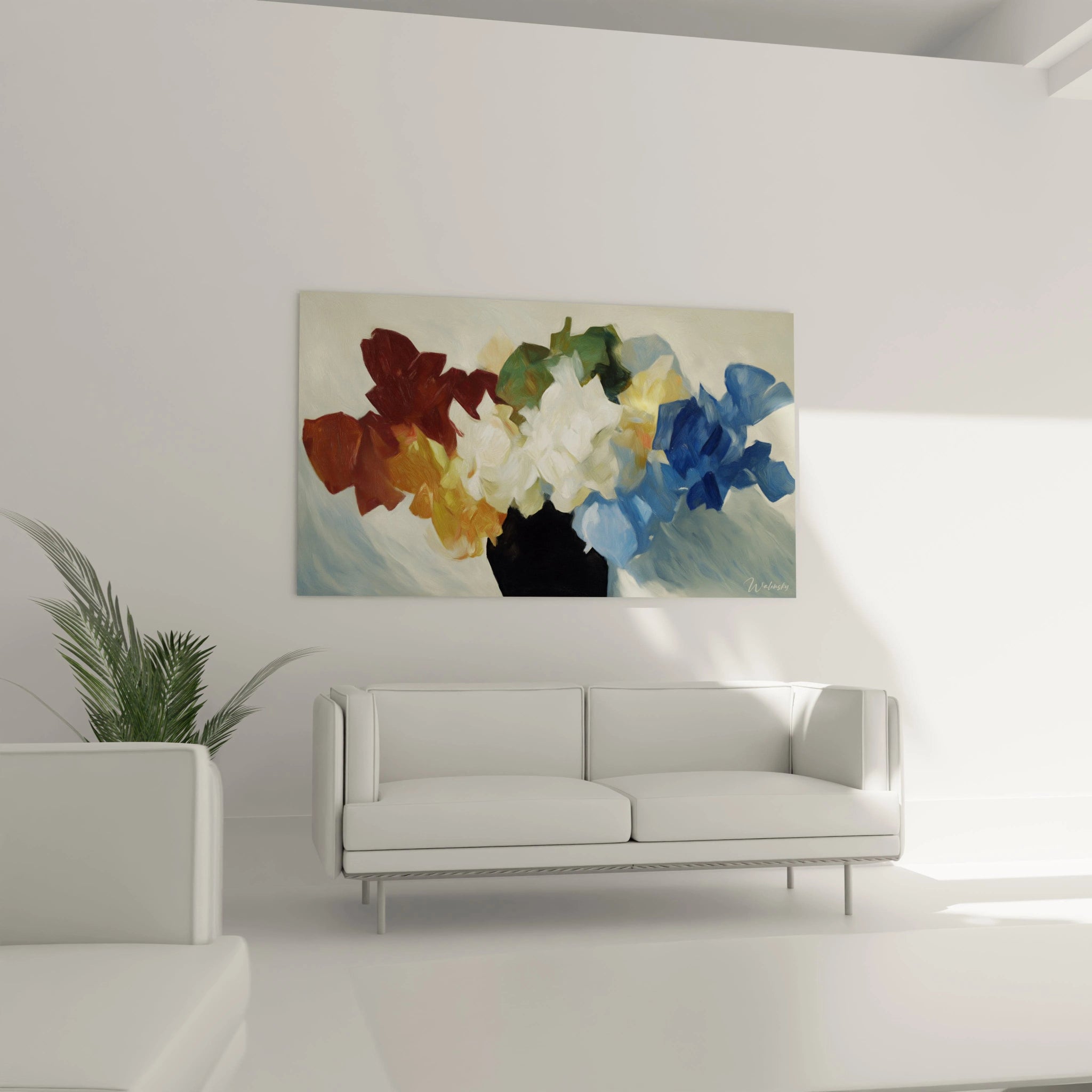 tableau dadaïsme bouquet de fleurs peinture murale abstraite vase coloré rouge jaune blanc bleu au dessus du canapé moderne