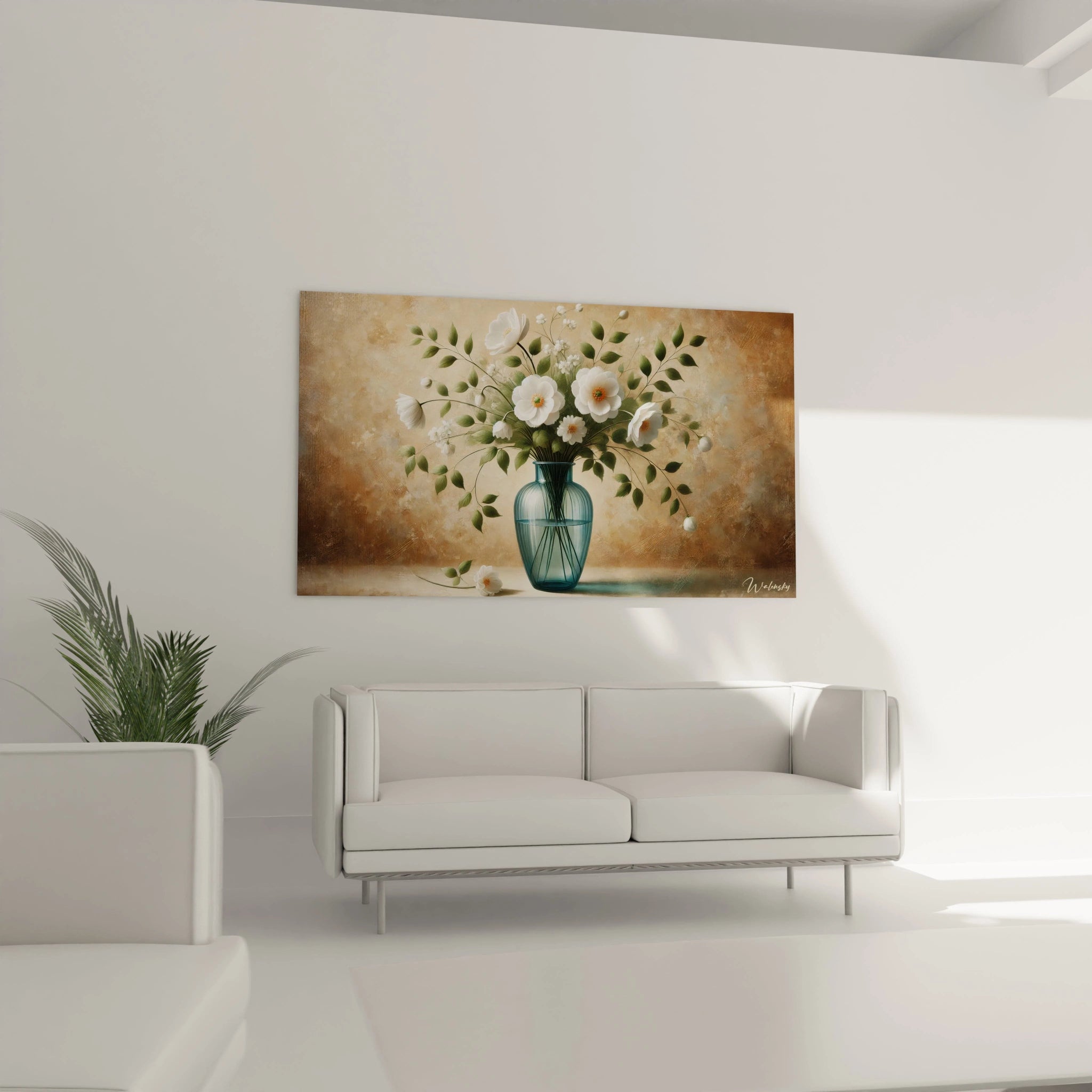 Tableau Fleur dans un salon, sublimant la décoration au-dessus du canapé. Les fleurs blanches et les teintes de vert et de bleu apportent calme et harmonie à la pièce.

