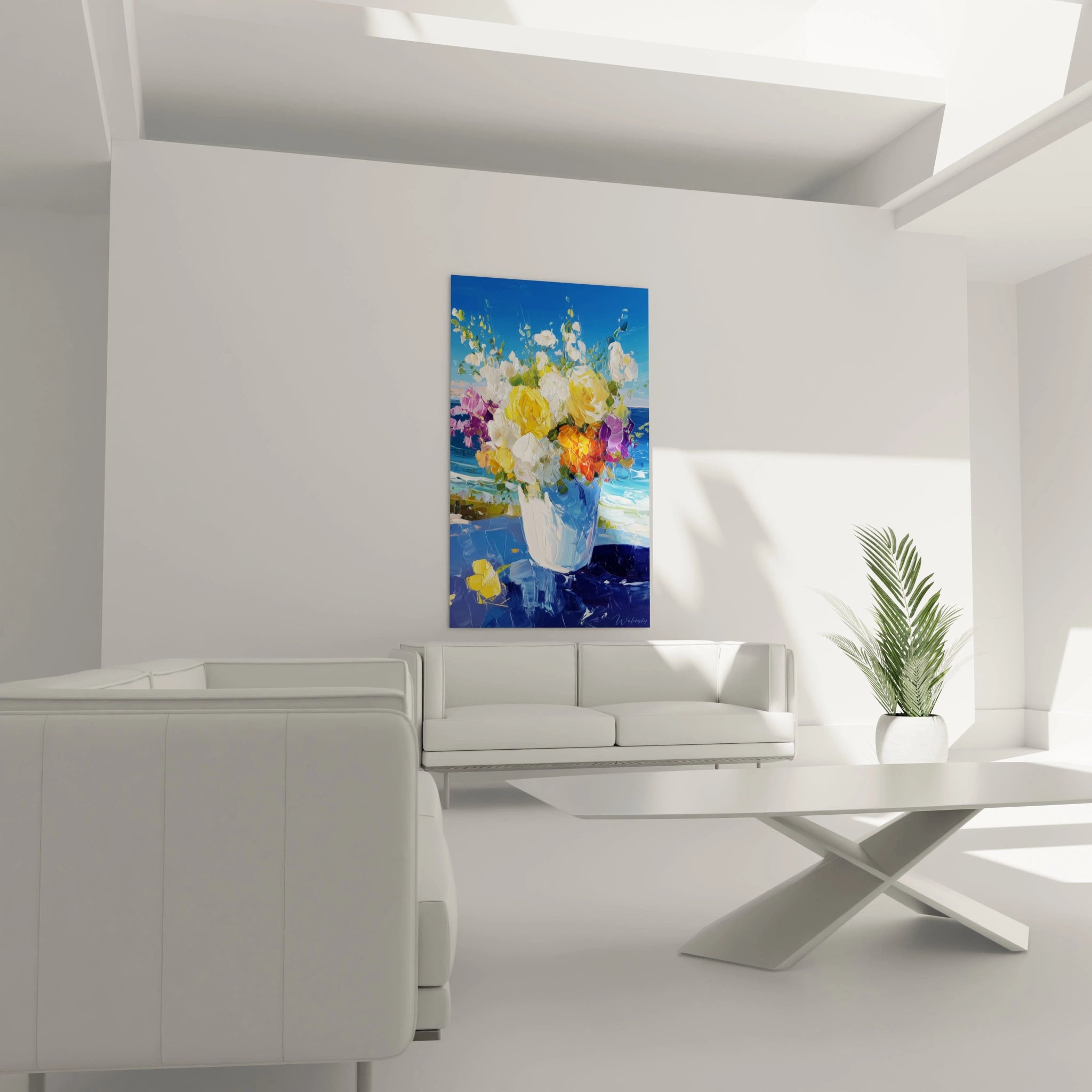 tableau bouquet floral impressionniste Walensky accroché au dessus d un canapé blanc dans un salon moderne