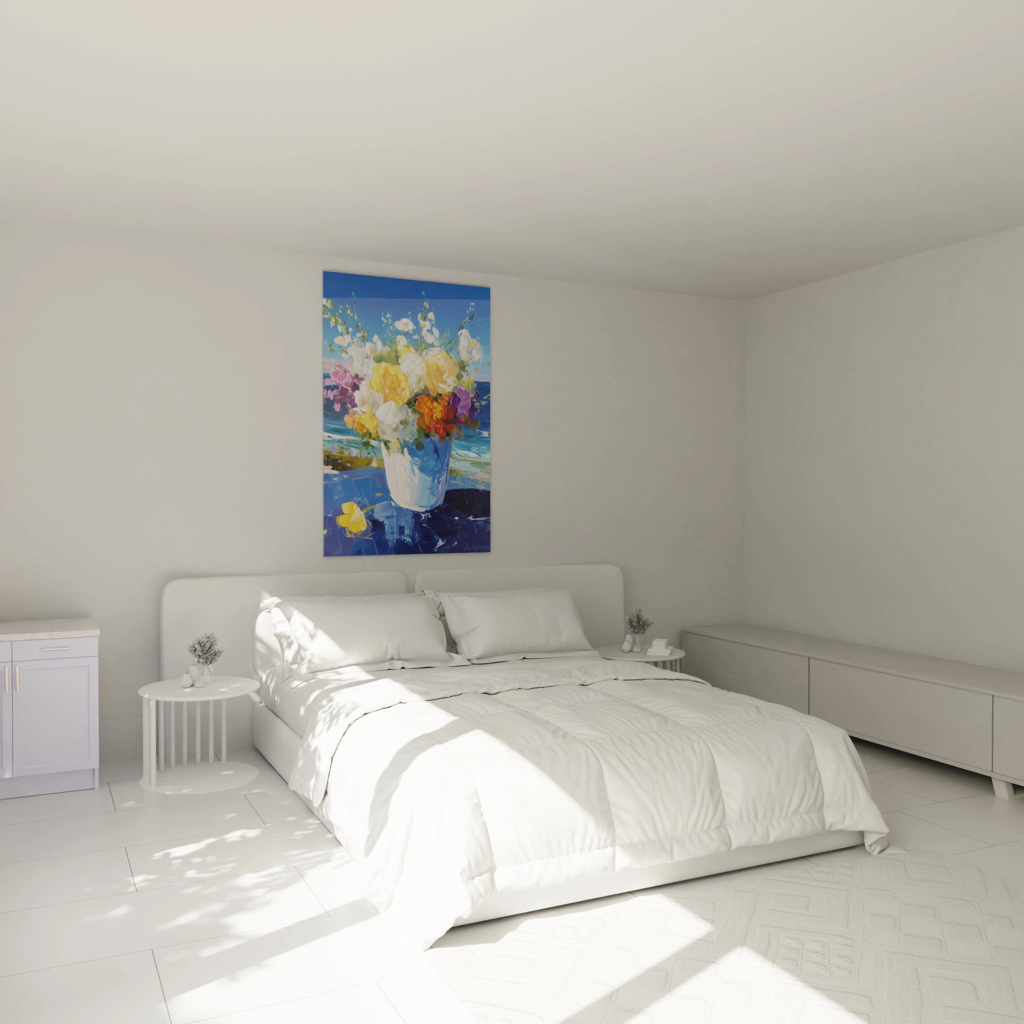 Walensky tableau bouquet floral impressionniste accroché au dessus d un lit blanc minimaliste dans une chambre lumineuse