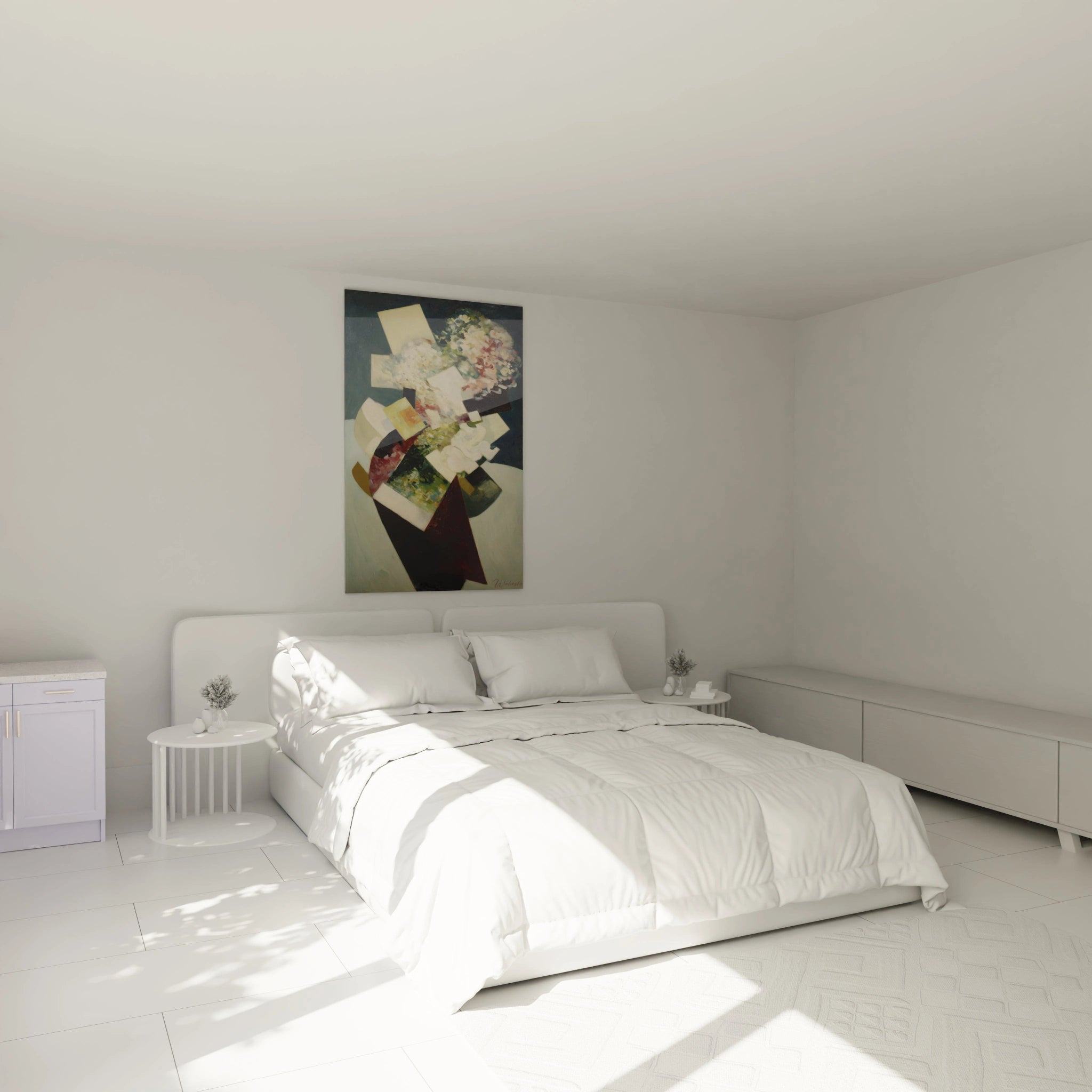 tableau dadaïsme bouquet Walensky accroché au dessus d un lit blanc dans une chambre minimaliste et lumineuse
