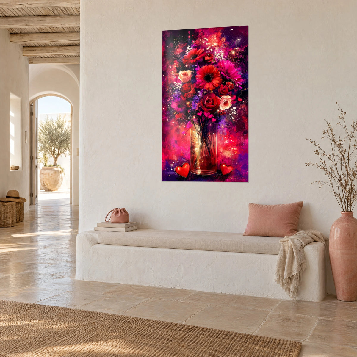 Wall art glass vase filled with scarlet and fuchsia flowers, red hearts at the base, white textured wall, bench and pink pitcher