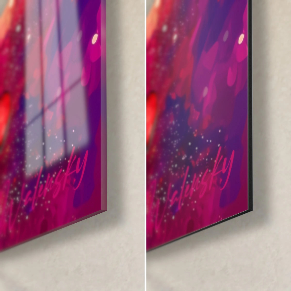 Wall art red and pink sparkling flowers, bottom right corner: glossy acrylic glass on the left, matte black Dibond on the right