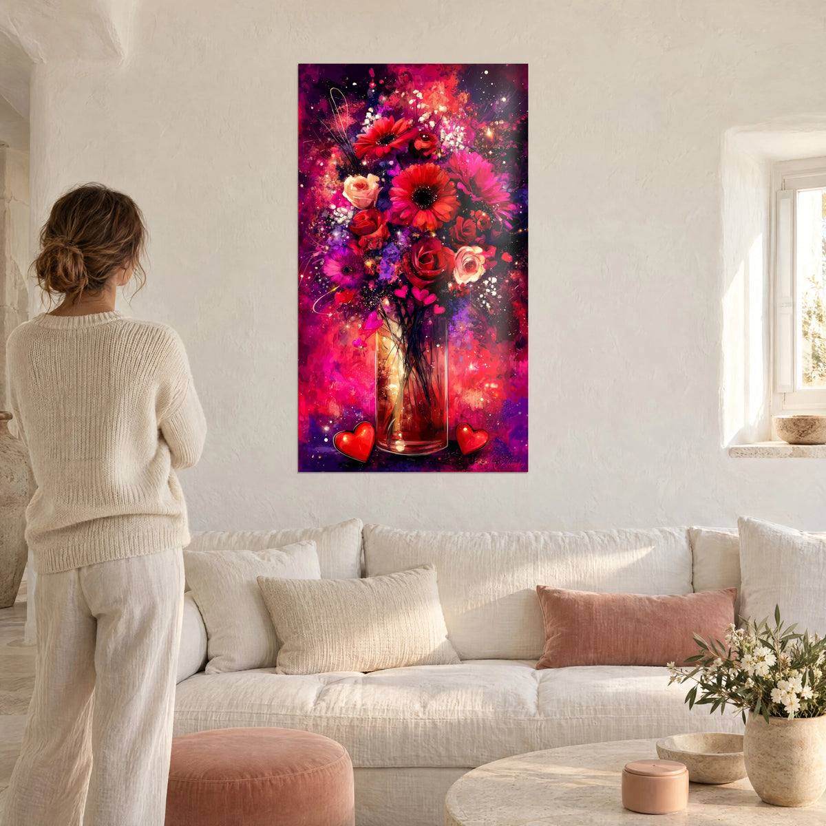 Wall art bouquet of gerberas and bright red roses on a starry purple background, woman seen from behind, above a sofa in a bright living room