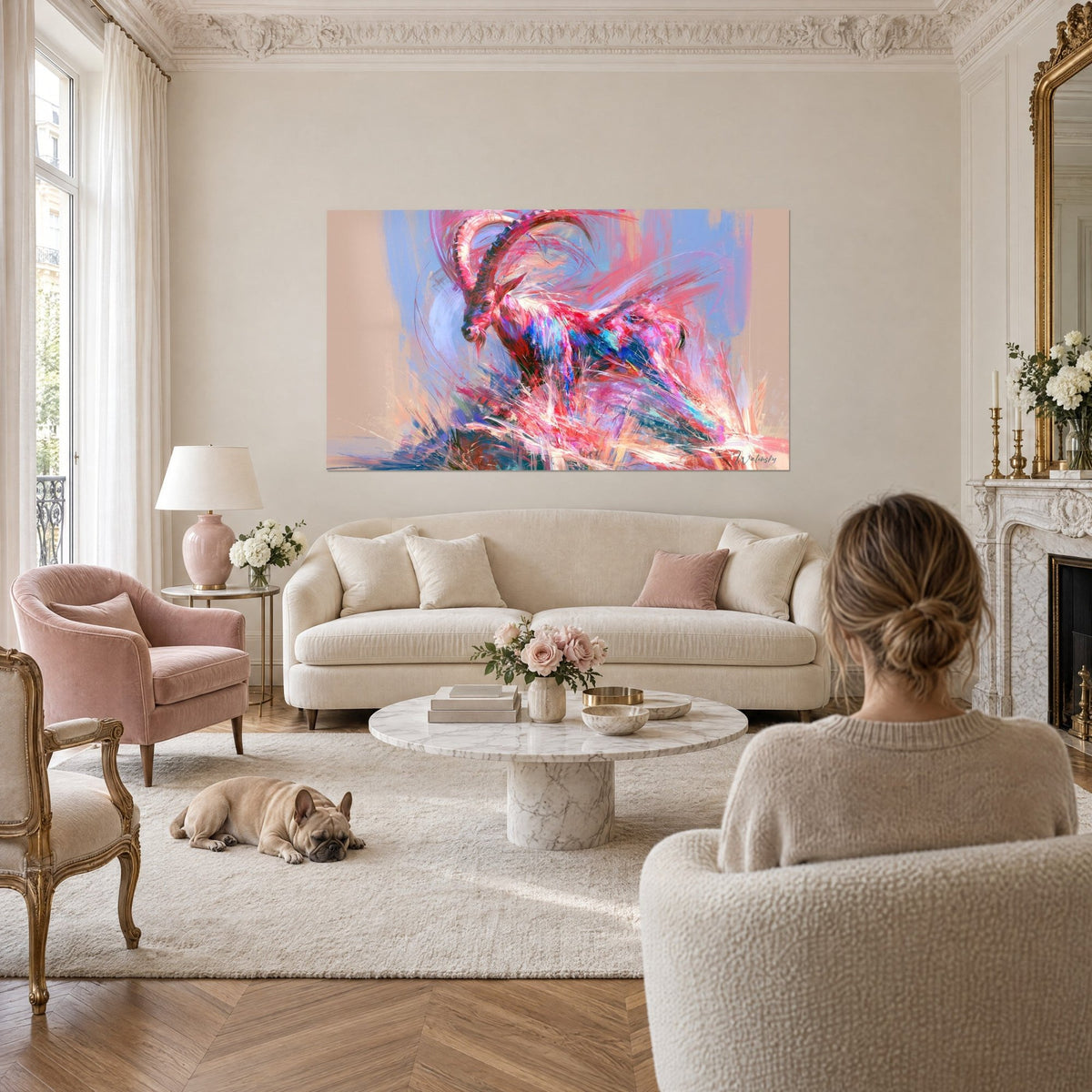Quadro di uno stambecco dalle corna rosa e blu, pennellate vigorose su fondo lavanda, appeso sopra un divano in un soggiorno luminoso