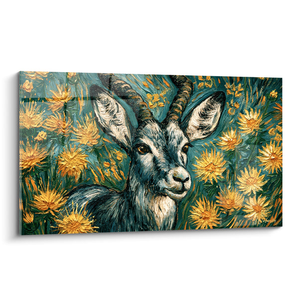 Tableau Bouquetin gris et jaune parmi les tournesols - Refuge fleuri - Edition Bouquetin