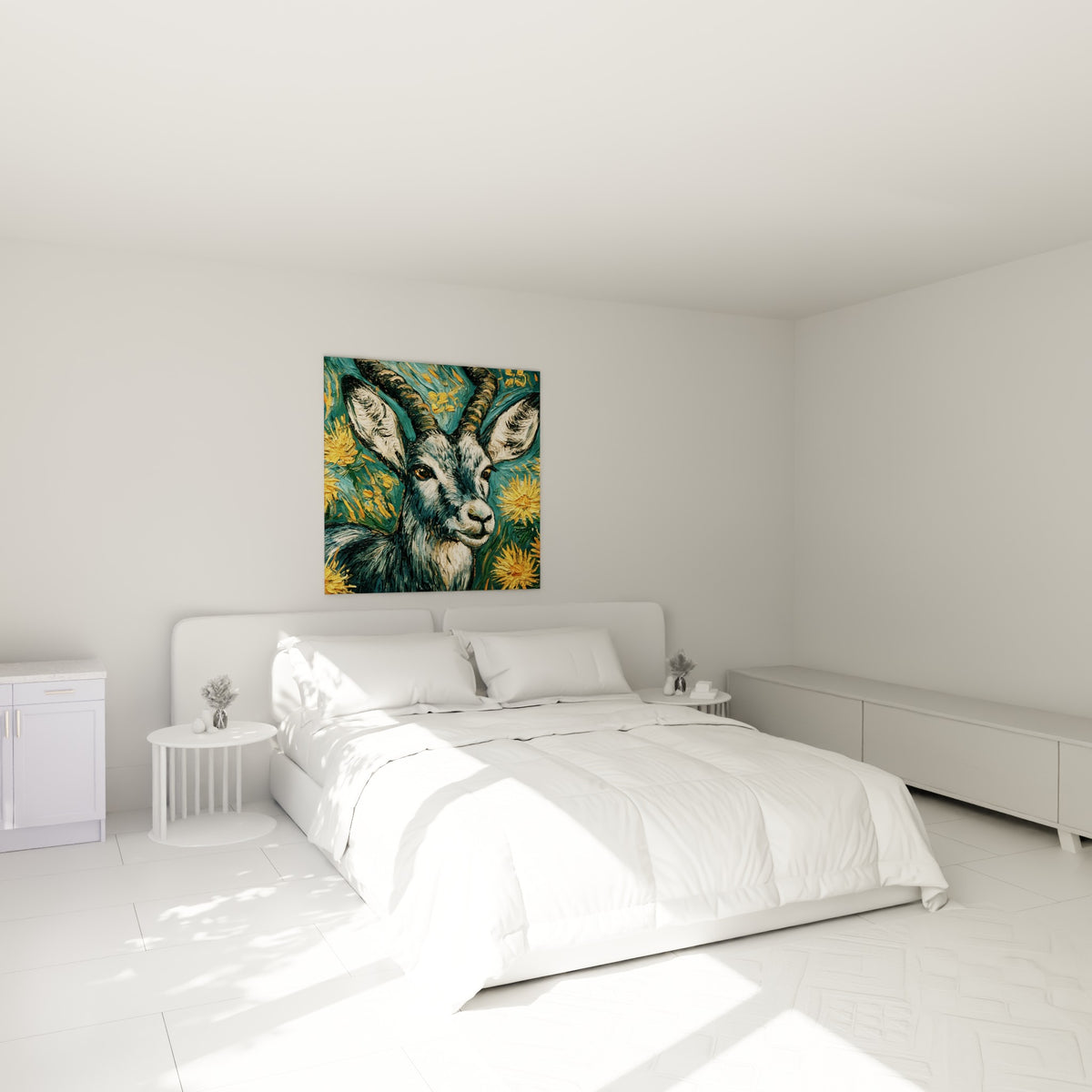 Cornes majestueuses du bouquetin bleu pétrole et blanc, fleurs jaunes, au-dessus d'un lit dans une chambre claire
