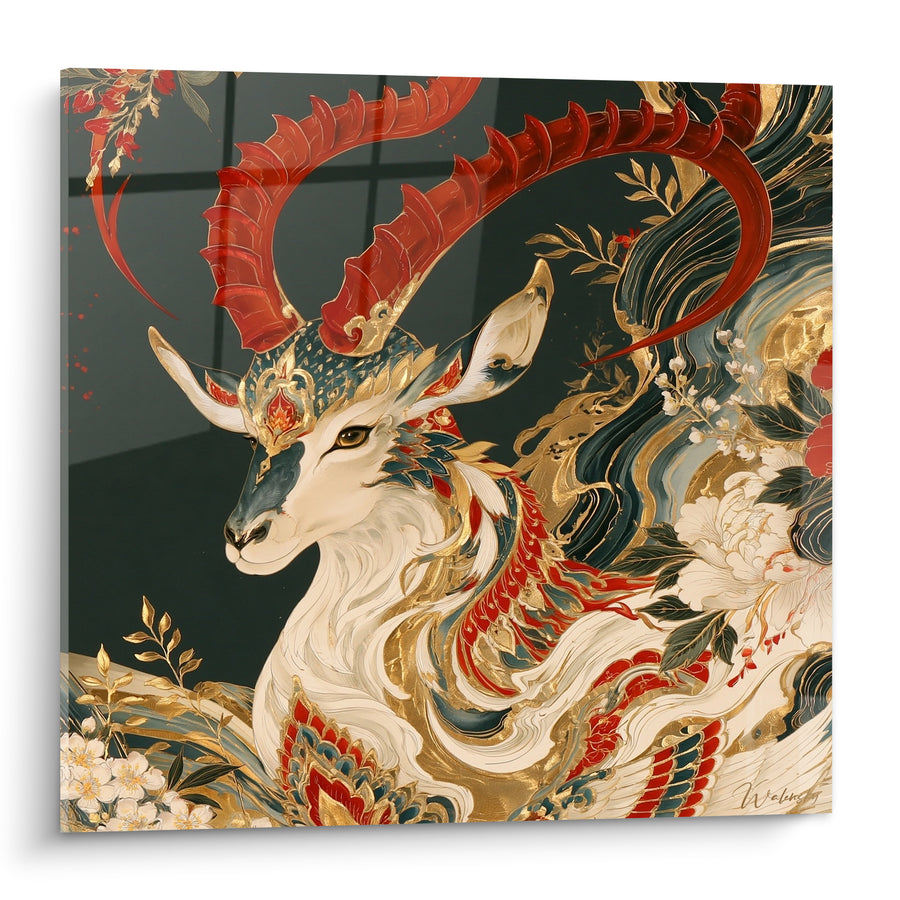 Tableau Bouquetin blanc aux cornes rouges ornées - Légende orientale - Edition Bouquetin