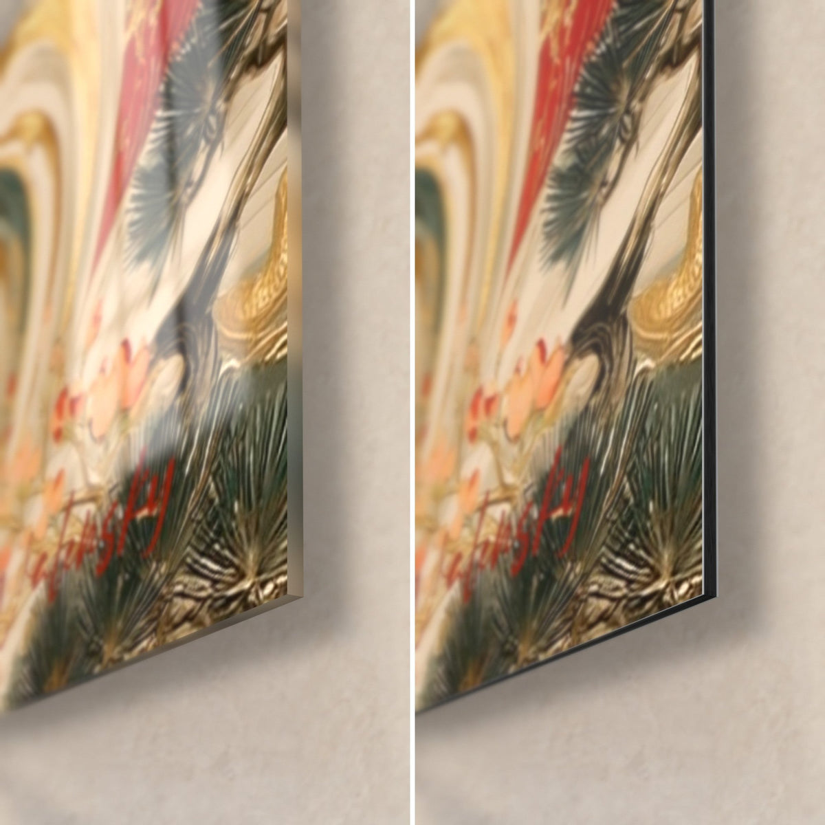 Tableau bouquetin ivoire et pivoines rouges, coin bas droit : verre acrylique brillant à gauche, Dibond mat à droite