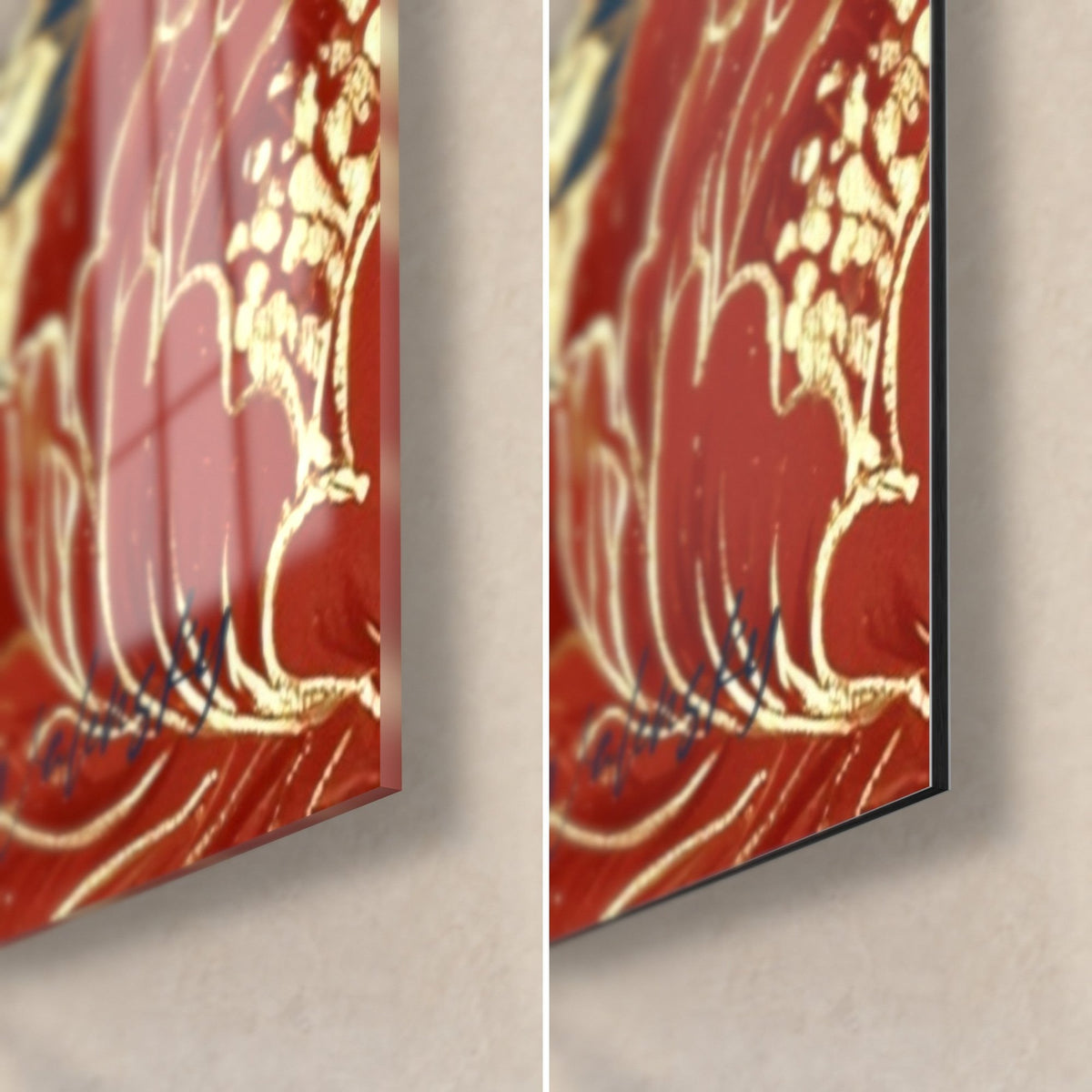 Gemälde Wächter der Gipfel in Rot und Gold, untere rechte Ecke: glänzendes Acrylglas links, matte Dibond-Alu rechts, 3 mm Stärke