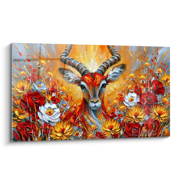 Tableau Bouquetin orangé et gris parmi les pavots rouges - Cornes annelées argentées - Edition Bouquetin