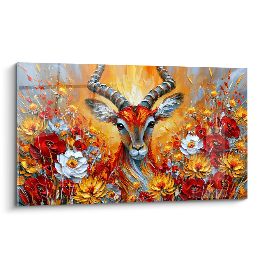 Tableau Bouquetin orangé et gris parmi les pavots rouges - Cornes annelées argentées - Edition Bouquetin