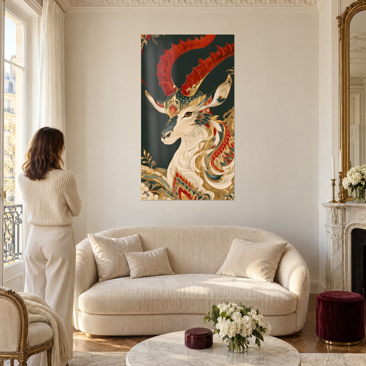 Tableau bouquetin ivoire aux cornes rouges sur fond vert sombre, accroché, femme de dos, au-dessus d'un canapé dans un salon lumineux