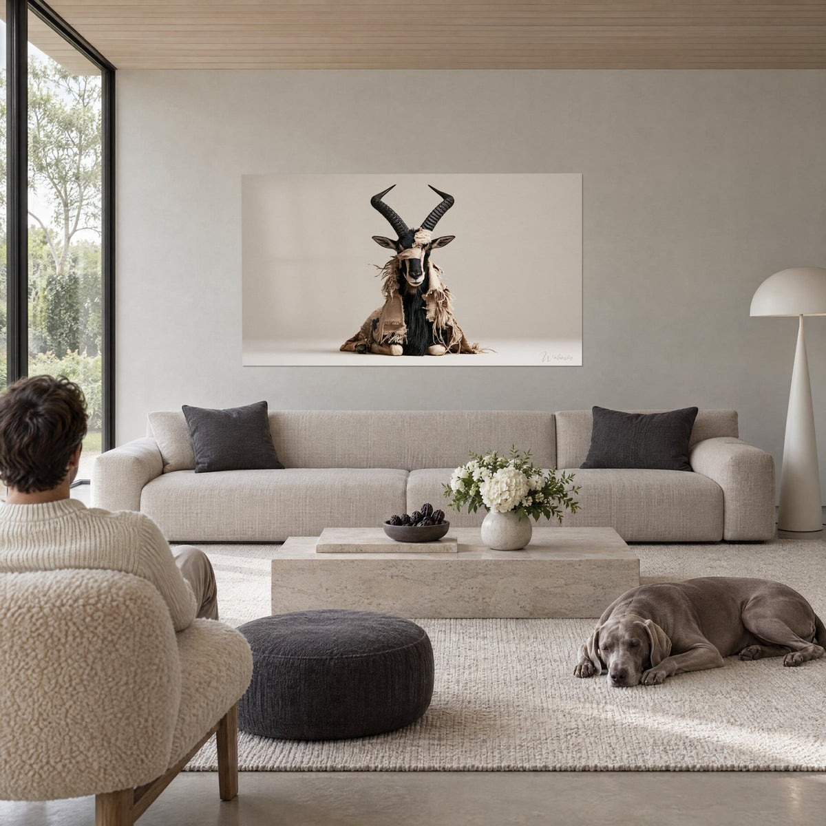 Wall art black ibex with twisted horns draped in beige burlap over a taupe background, hanging above a sofa in a bright living room