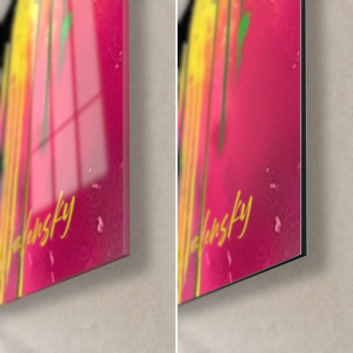 Tableau bouquetin aux coulures roses et signature jaune, coin bas droit : verre acrylique brillant à reflets, alu Dibond mat, tranche de 3 mm