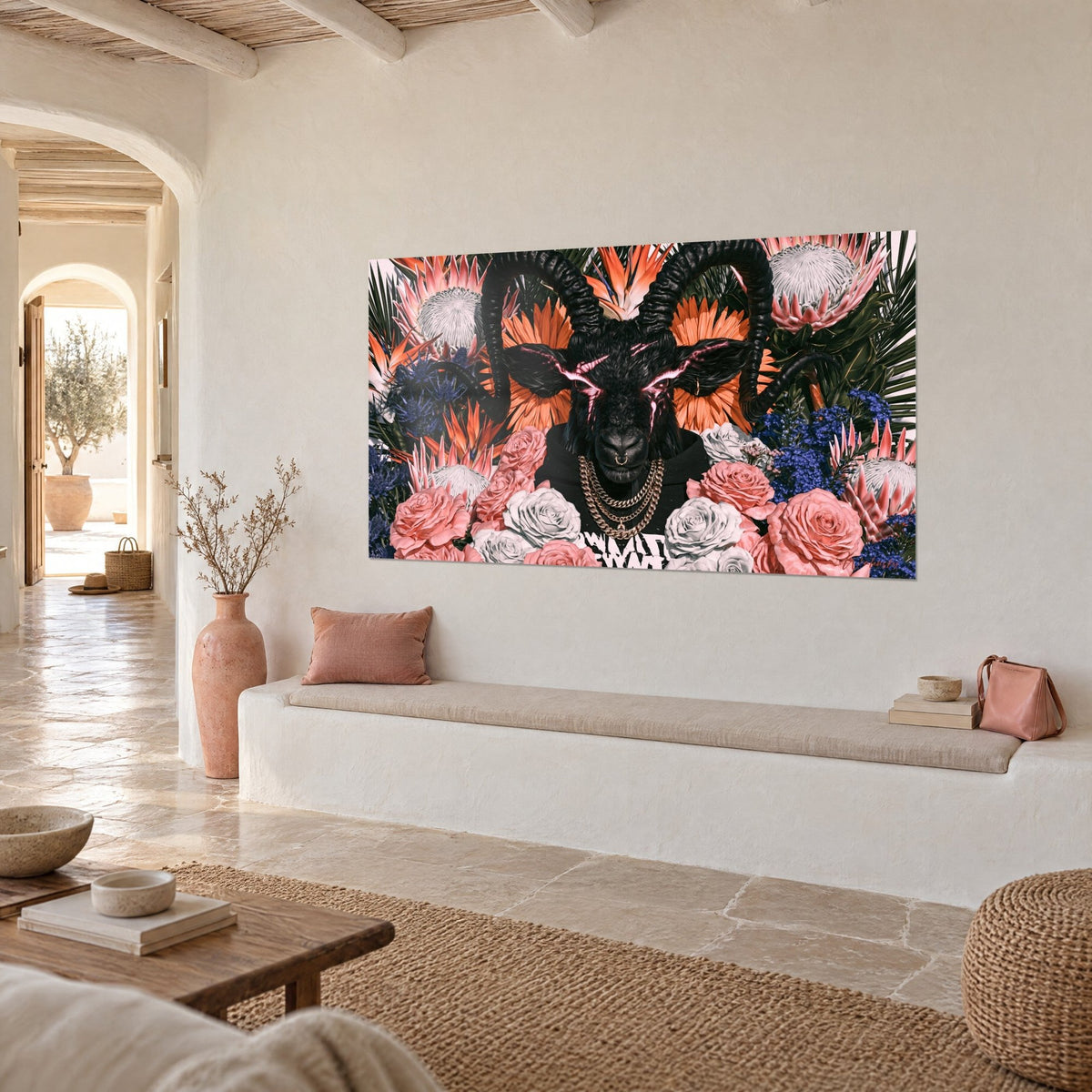 Wall art dark goat with gold chain among white proteas and orange flowers, three-quarter view, Mediterranean house