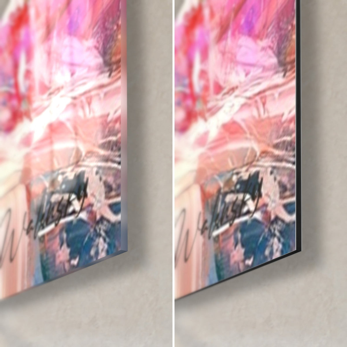 Quadro stambecco rosa e blu, angolo in basso a destra: vetro acrilico lucido a sinistra, Dibond opaco a destra, bordo nero da 3 mm