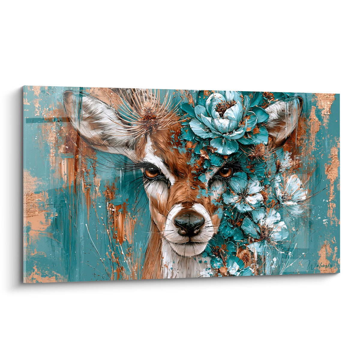 Bouquetin fauve aux yeux ambrés, fleurs turquoise et blanches sur fond patiné cuivré