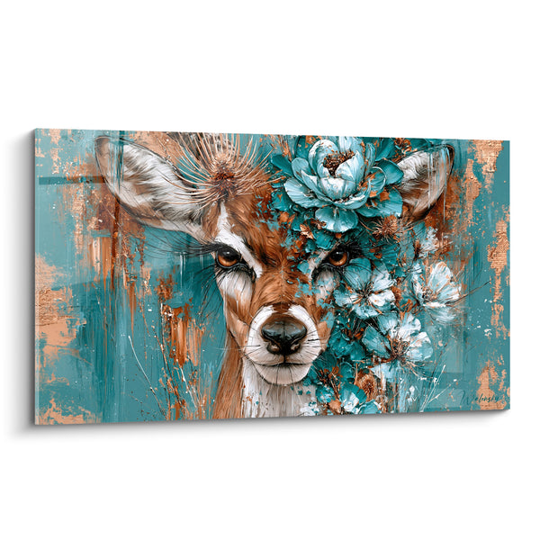 Tableau Bouquetin fauve et turquoise aux pivoines éclatées - Regard perçant ambré - Edition Bouquetin