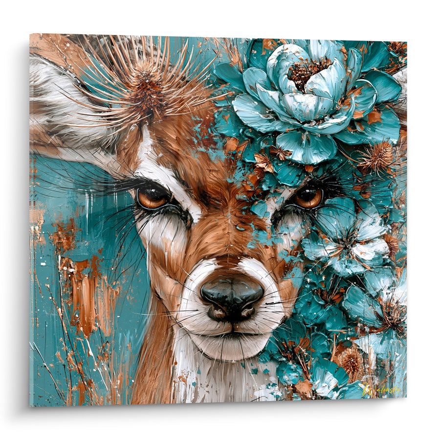 Tableau Bouquetin fauve aux fleurs turquoise - Regard des sous-bois - Edition Bouquetin