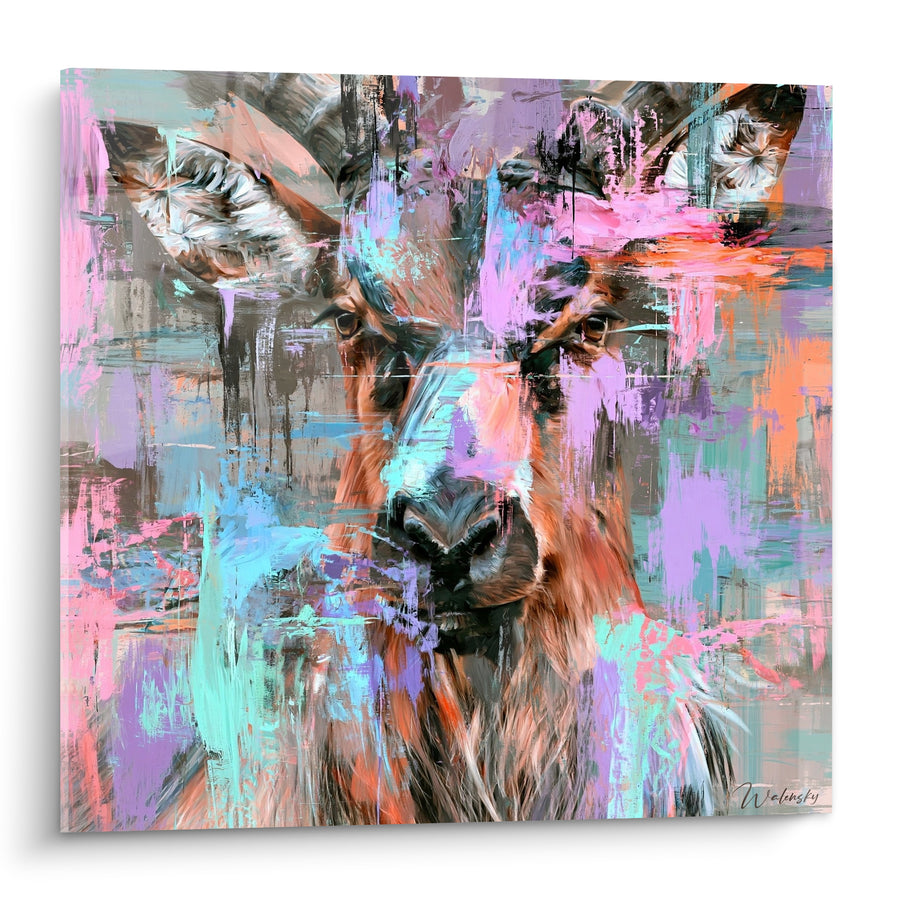 Tableau Bouquetin fauve aux touches turquoise et lilas - Éveil des sommets - Edition Bouquetin