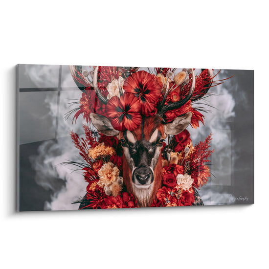 Tableau Bouquetin fauve aux fleurs rouges - Rituel floral - Edition Bouquetin