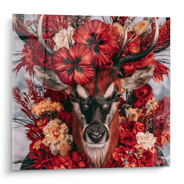 Tableau Bouquetin roux paré de fleurs rouges - Rite ancestral fleuri - Edition Bouquetin