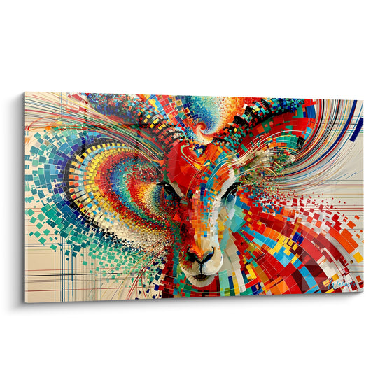 Tableau Bouquetin mosaïque rouge et turquoise - Éclatement vibratoire - Edition Bouquetin