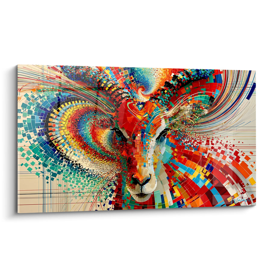 Tableau Bouquetin mosaïque rouge et turquoise - Éclatement vibratoire - Edition Bouquetin