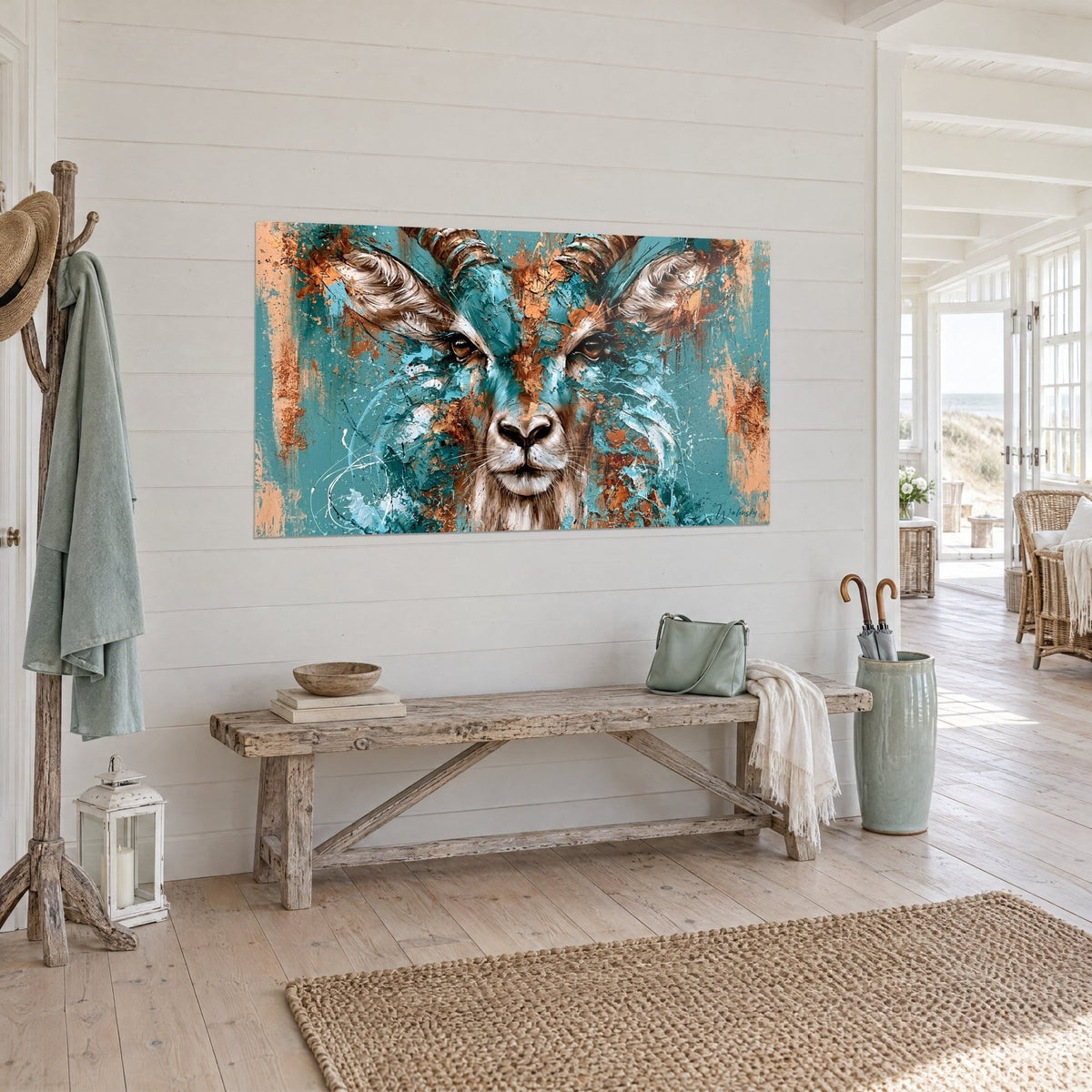 Wall art face-to-face with a wild chamois, amber gaze, copper and turquoise impasto, white wall by the sea