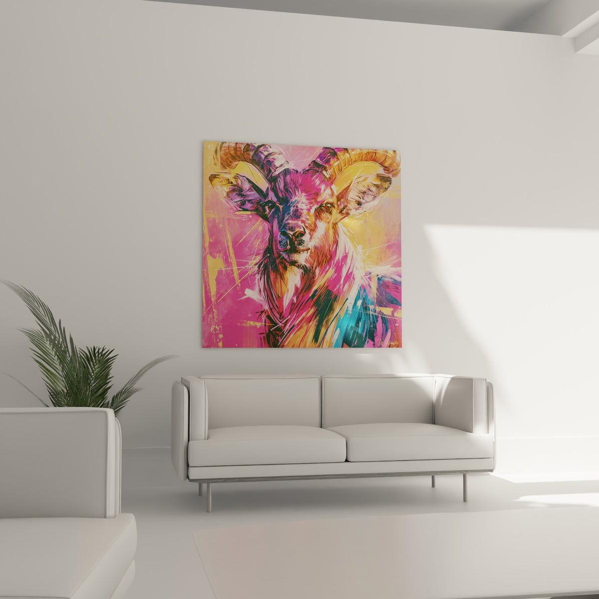 Museau blanc et regard sombre du bouquetin sur fond rose et jaune, au-dessus d'un canapé dans un salon lumineux