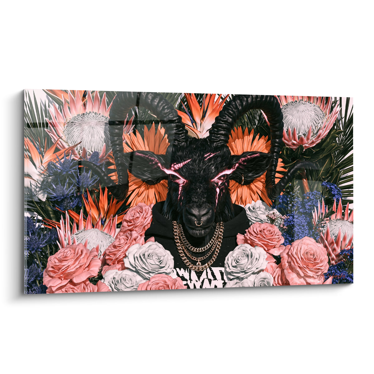 Wall art black ibex with twisted horns, pink lightning and orange flowers, gold chain around the neck