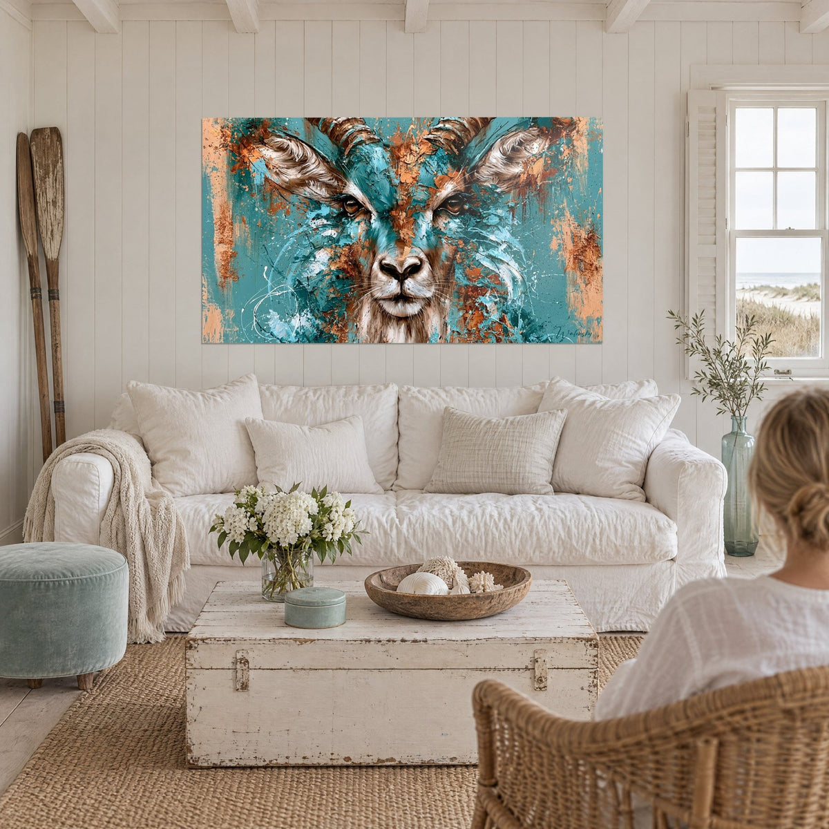 Wall art ibex with ridged horns, brown coat and turquoise and copper highlights, above a sofa in a bright living room