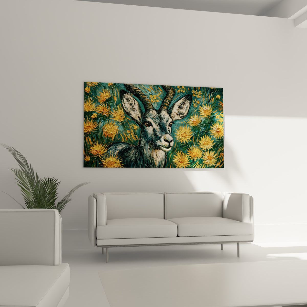 Cornes et pelage texturé du bouquetin parmi les tournesols, au-dessus d'un canapé dans un salon lumineux