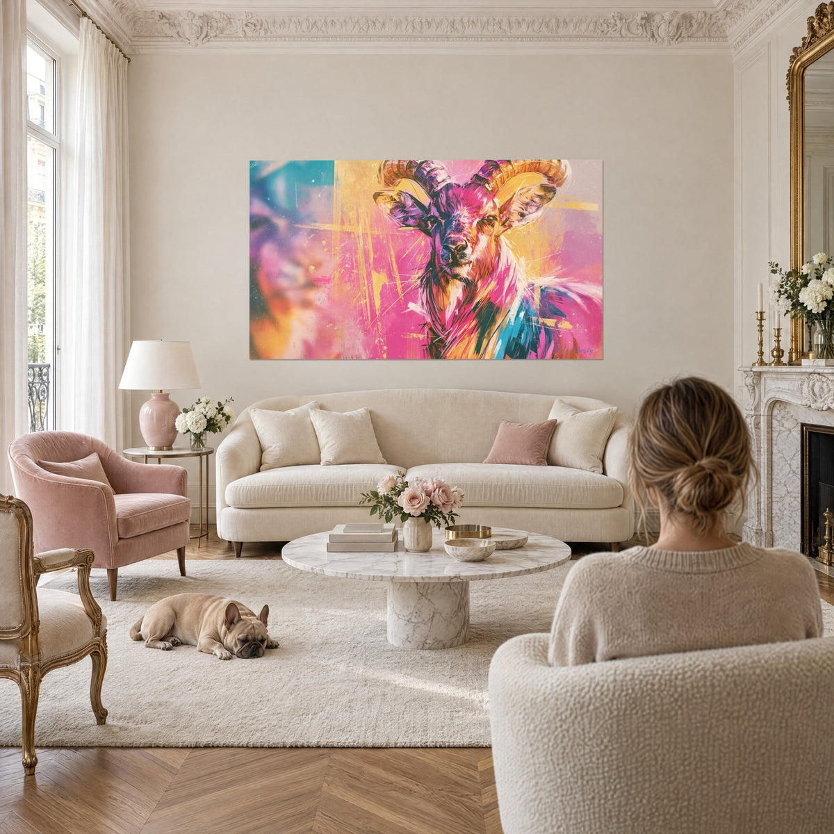 Cuadro íbice de cuernos cobrizos, rosa fucsia y amarillo dorado, mujer y bulldog sobre un sofá en un salón luminoso