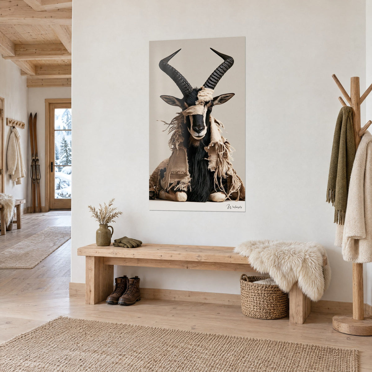 Tableau antilope noire couchée, bandeau de toile écrue sur l'œil, pelage d'ébène et sabots crème, mur blanc et banc de chêne clair