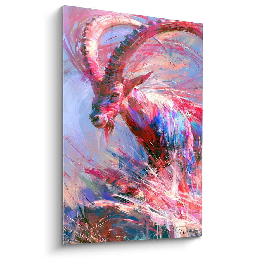 Tableau Bouquetin rose et bleu aux longues cornes - Souffle sauvage - Edition Bouquetin