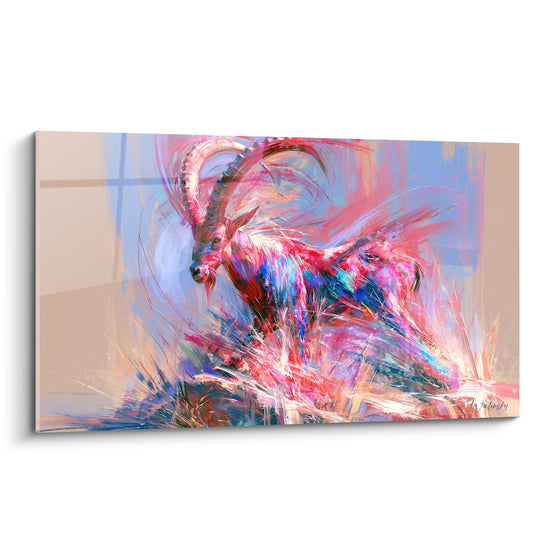 Tableau Bouquetin aux longues cornes rose et bleu - Instant de bravoure - Edition Bouquetin